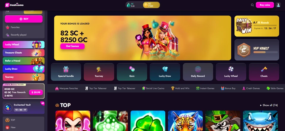 Cashoomo desktop homepage showing games promotions quests and VIP navigation