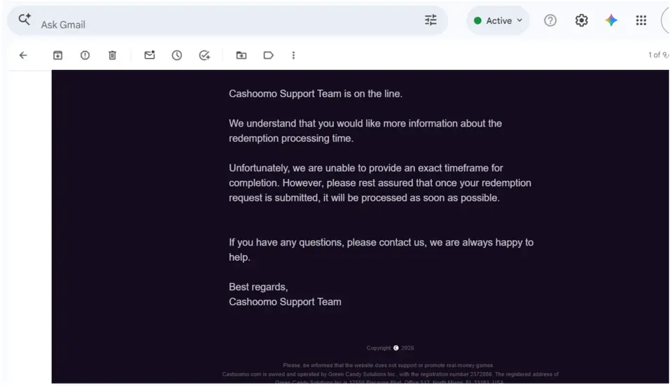 Cashoomo Email Support delaying the response