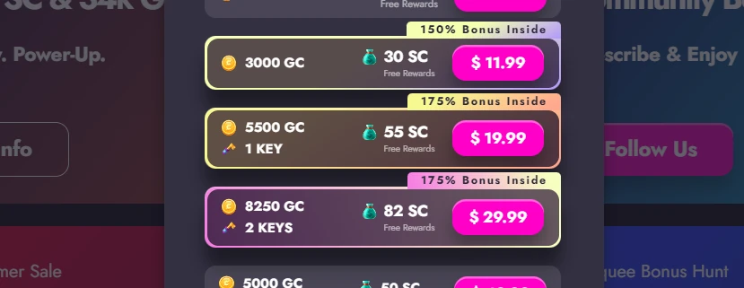 Cashoomo first-purchase packages showing 150% and 175% bonus offers