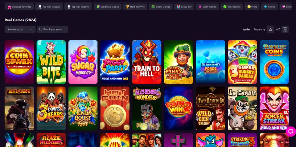 Cashoomo Reel Games lobby showing slots and game category filters
