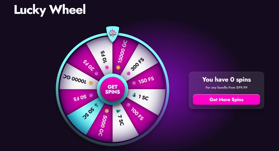 Cashoomo Lucky Wheel showing Gold Coin Sweeps Coin and free-spin prizes