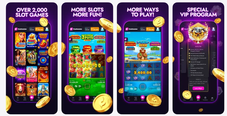 Cashoomo mobile app promotional screens showing slot games and VIP features