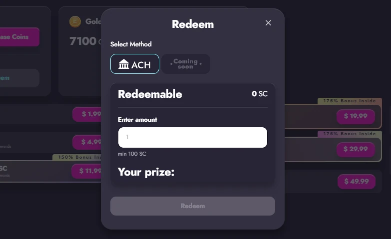 Cashoomo redemption screen showing ACH and a 100 SC minimum