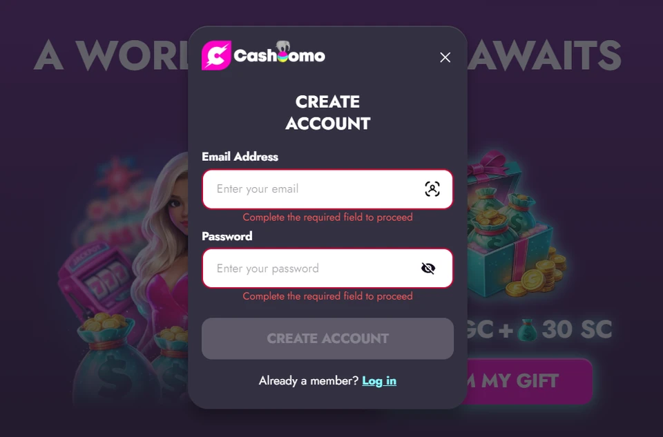 Cashoomo account registration form with email and password fields