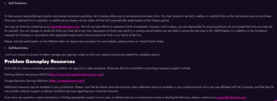 Cashoomo responsible gaming page listing self-exclusion and problem gambling resources
