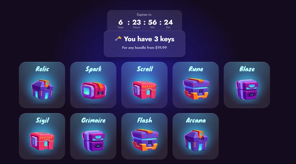 Cashoomo Treasure Chests showing three available Keys and multiple chest options