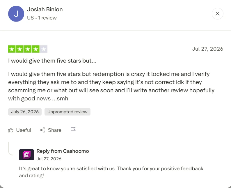 Cashoomo Trustpilot review describing identity verification and redemption problems