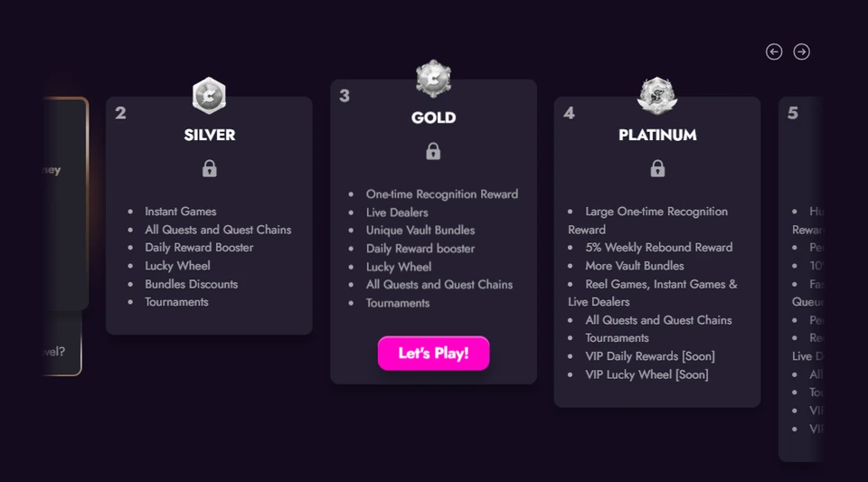 Cashoomo VIP Vault showing Silver Gold and Platinum tier benefits