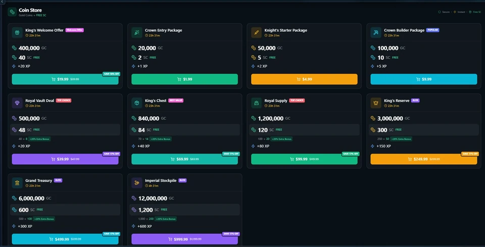 KingPrize Coin Store showing Gold Coin packages with Sweeps Coin bonuses