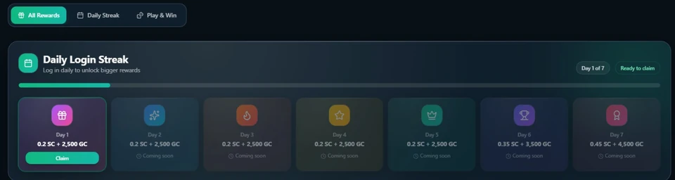 KingPrize seven-day daily login streak with Gold Coin and Sweeps Coin rewards
