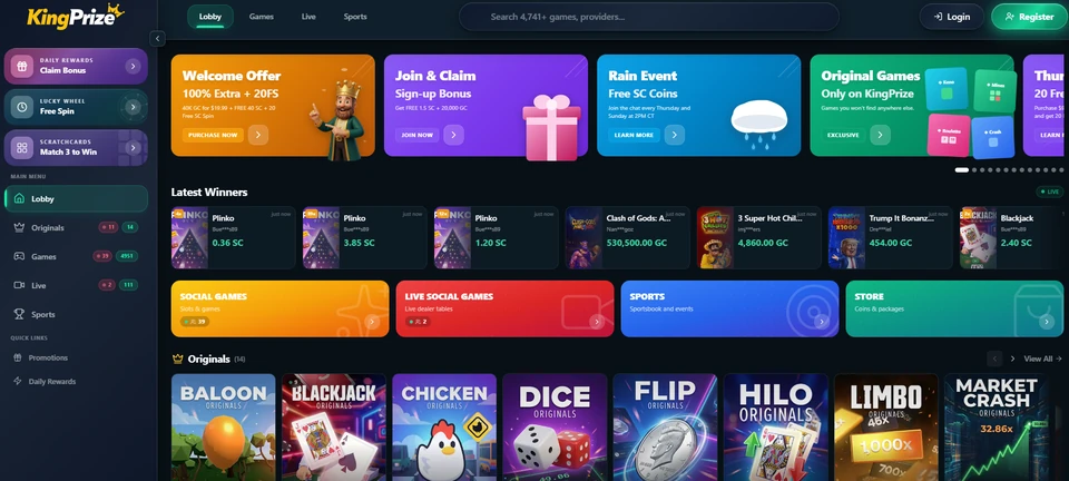 KingPrize desktop homepage showing promotions game categories and navigation