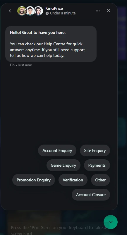 KingPrize live chat support window with account game payment and verification topics