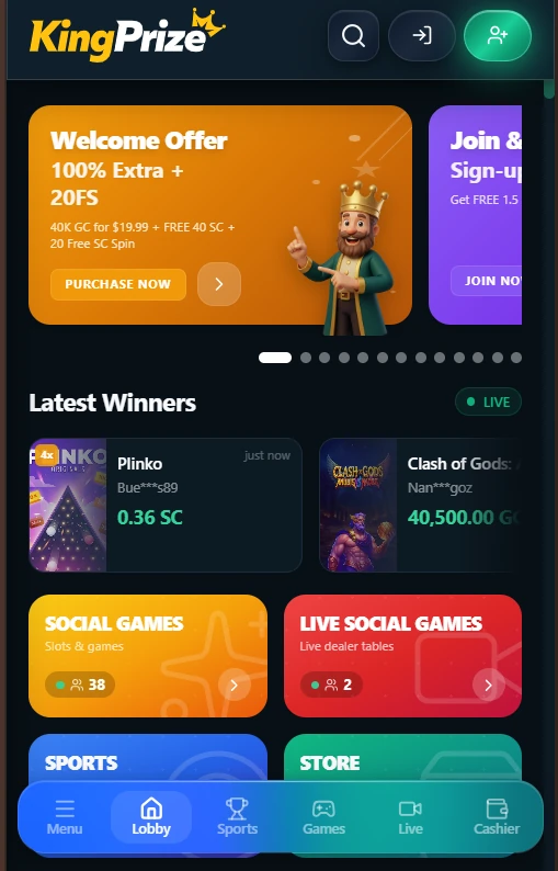 KingPrize mobile homepage showing games sports store and bottom navigation
