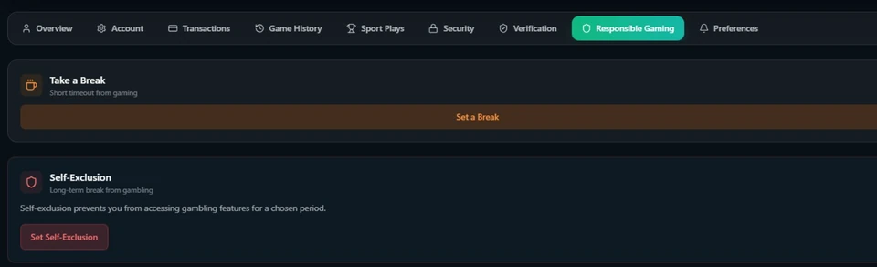 KingPrize responsible gaming settings with Take a Break and Self-Exclusion tools