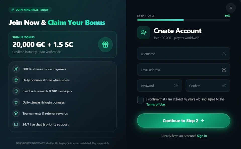 KingPrize account creation form showing a 20,000 GC and 1.5 SC signup bonus