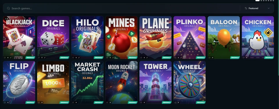 KingPrize specialty games lobby showing Dice Hi-Lo Mines Plinko and other instant games