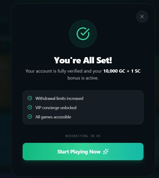KingPrize verification confirmation showing a 10,000 GC and 1 SC bonus