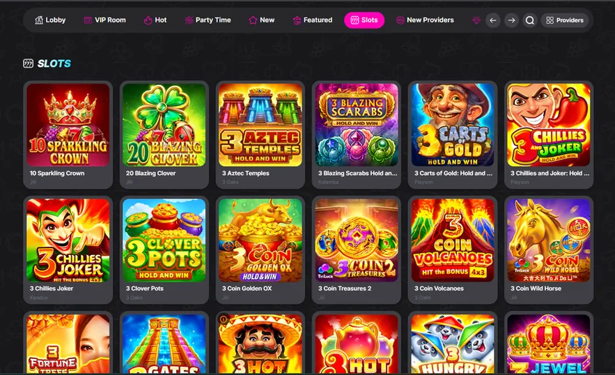 Luck Party slots lobby showing game tiles from multiple providers