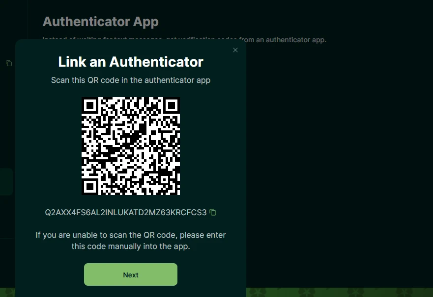 Lucky Hands authenticator app setup modal showing a QR code and manual setup key.