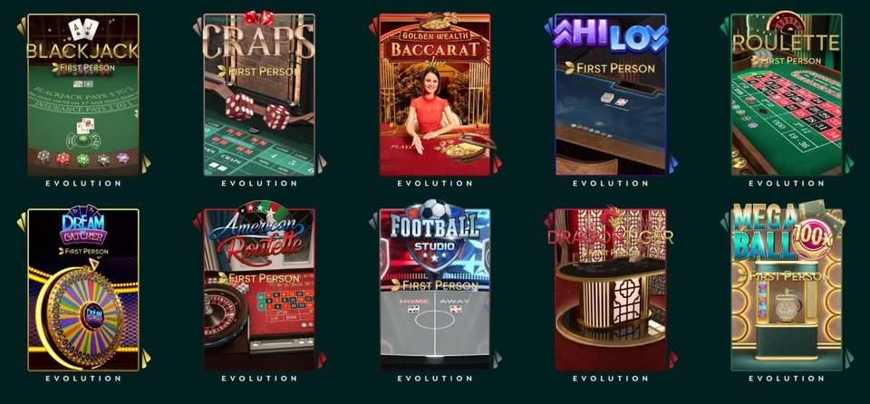 Lucky Hands first-person games category showing blackjack, craps, baccarat, roulette, and other table game tiles.