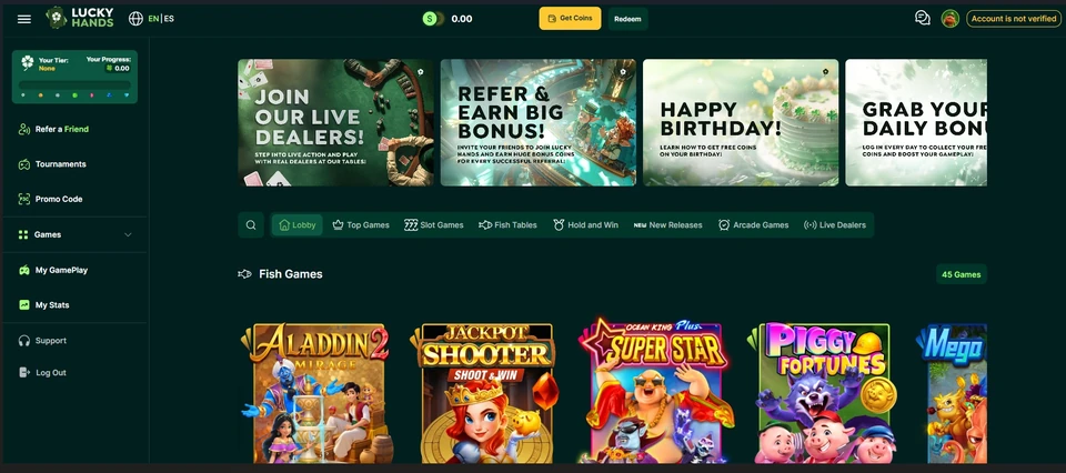 Lucky Hands desktop lobby showing promotional banners, navigation tabs, and the fish games section.