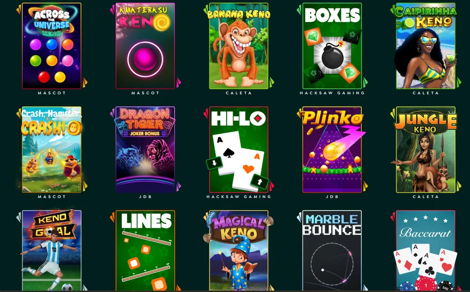 Lucky Hands games grid showing keno, plinko, hi-lo, and other instant-play or arcade-style titles.