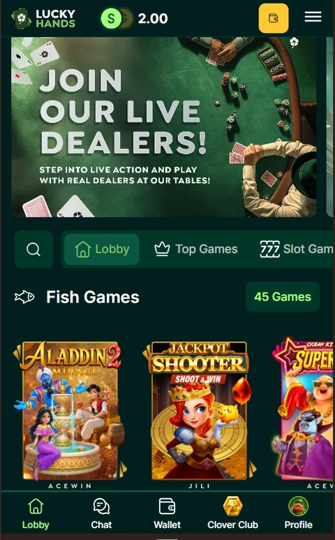 Lucky Hands mobile lobby showing a live dealers banner, category tabs, and fish games tiles.
