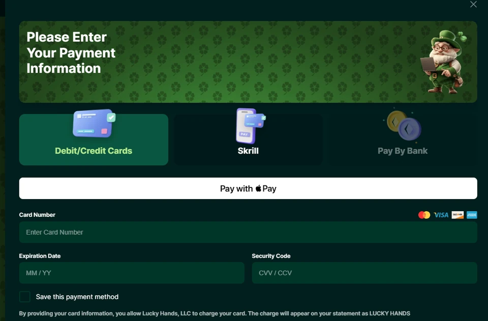 Lucky Hands payment information modal showing debit or credit card, Skrill, bank payment, and Apple Pay options.