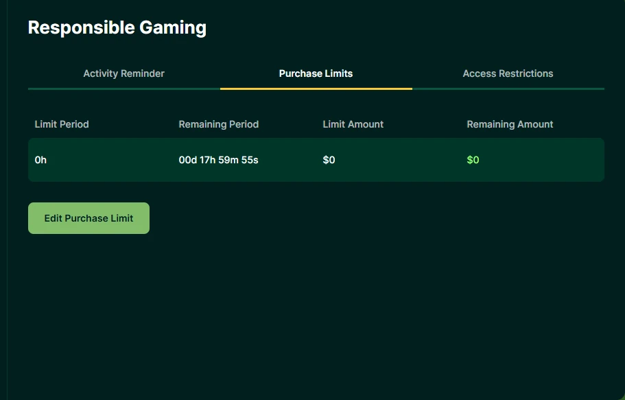 Lucky Hands responsible gaming page showing purchase limits with zero dollars remaining and an edit limit button.
