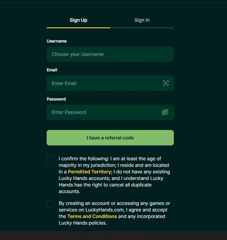 Lucky Hands sign-up form showing username, email, password, referral code, and account consent checkboxes.
