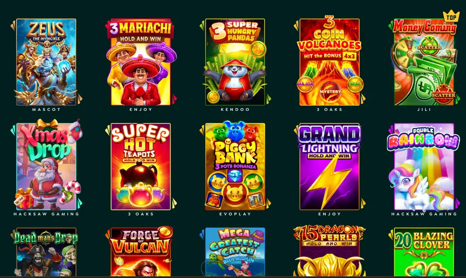 Lucky Hands game lobby grid showing slot game tiles from multiple providers.
