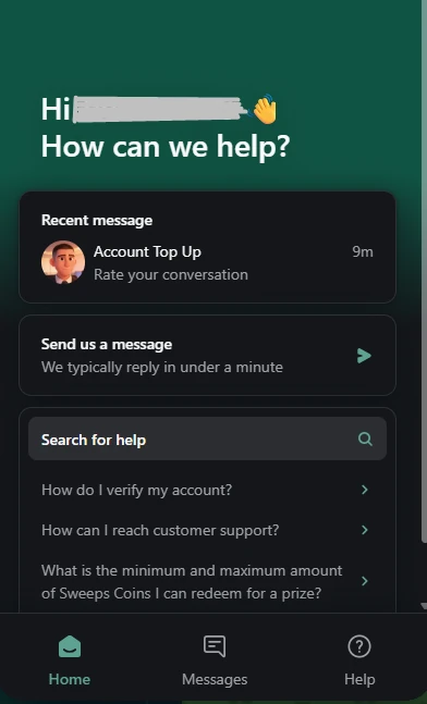 Lucky Hands support help center showing recent messages, contact options, and FAQ search links.