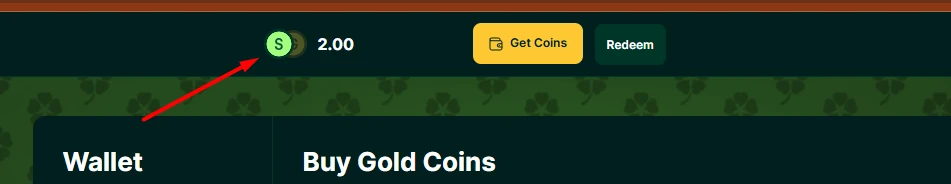Lucky Hands wallet header highlighting the Sweeps Coins balance icon next to the account balance.