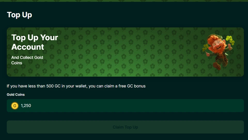 Lucky Hands top up page showing a free Gold Coins claim option when the wallet balance is below 500 GC.