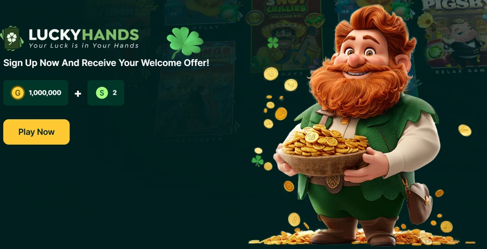 Lucky Hands welcome offer banner promoting 1000000 Gold Coins and 2 Sweeps Coins for new users.