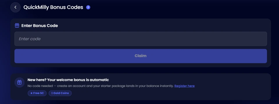 QuickMilly bonus code screen with automatic welcome bonus notice