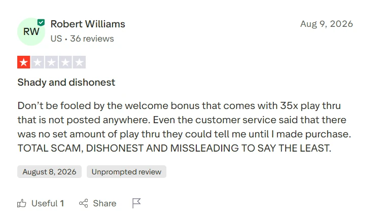 One-star customer review mentioning a 35x welcome bonus playthrough requirement