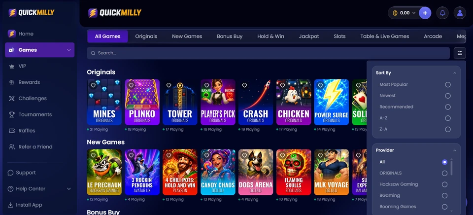 QuickMilly desktop games lobby with category sorting and provider filters