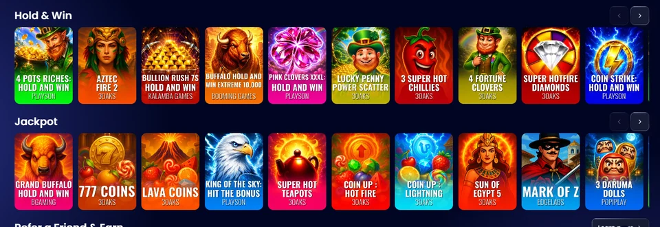 QuickMilly game lobby showing Hold and Win and jackpot titles