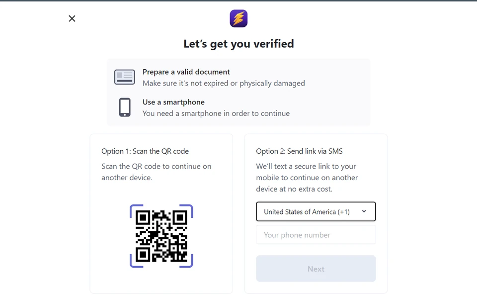 QuickMilly identity verification screen with QR code and SMS options