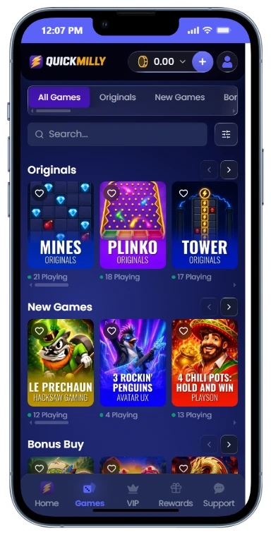 QuickMilly mobile games lobby showing Originals New Games and Bonus Buy sections