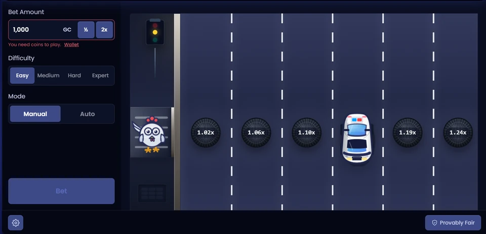QuickMilly Originals car game with difficulty and manual play controls
