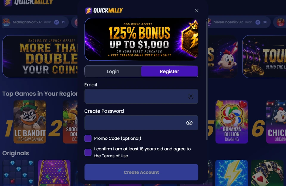 QuickMilly registration form showing a 125 percent bonus up to 1000 dollars