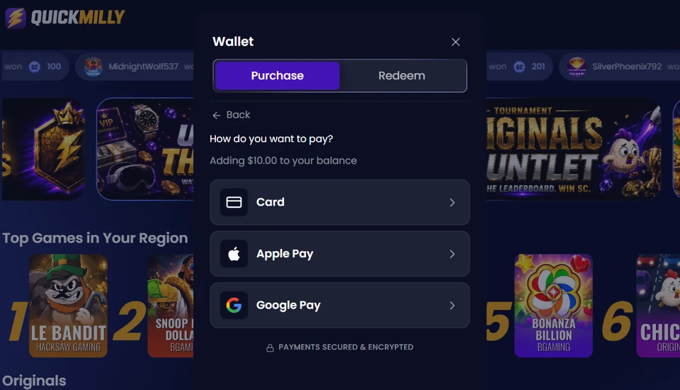 QuickMilly wallet showing card Apple Pay and Google Pay purchase options
