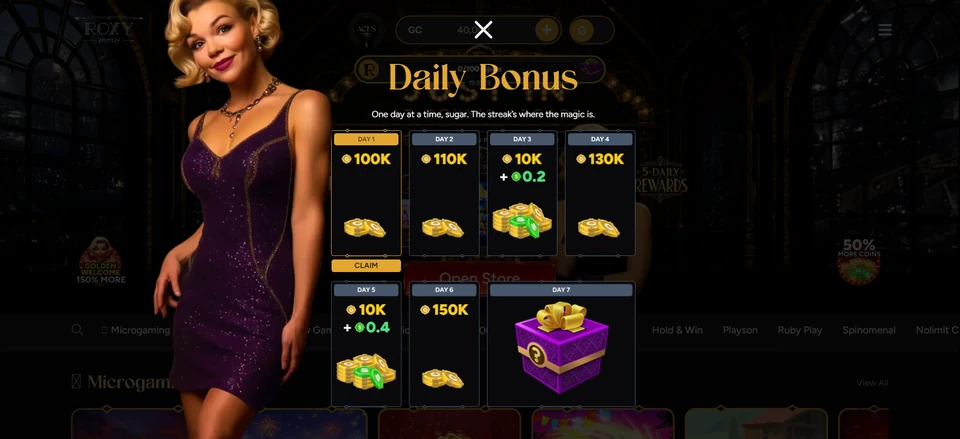 Roxy Moxy seven-day daily bonus calendar with Gold Coin and Sweeps Coin rewards