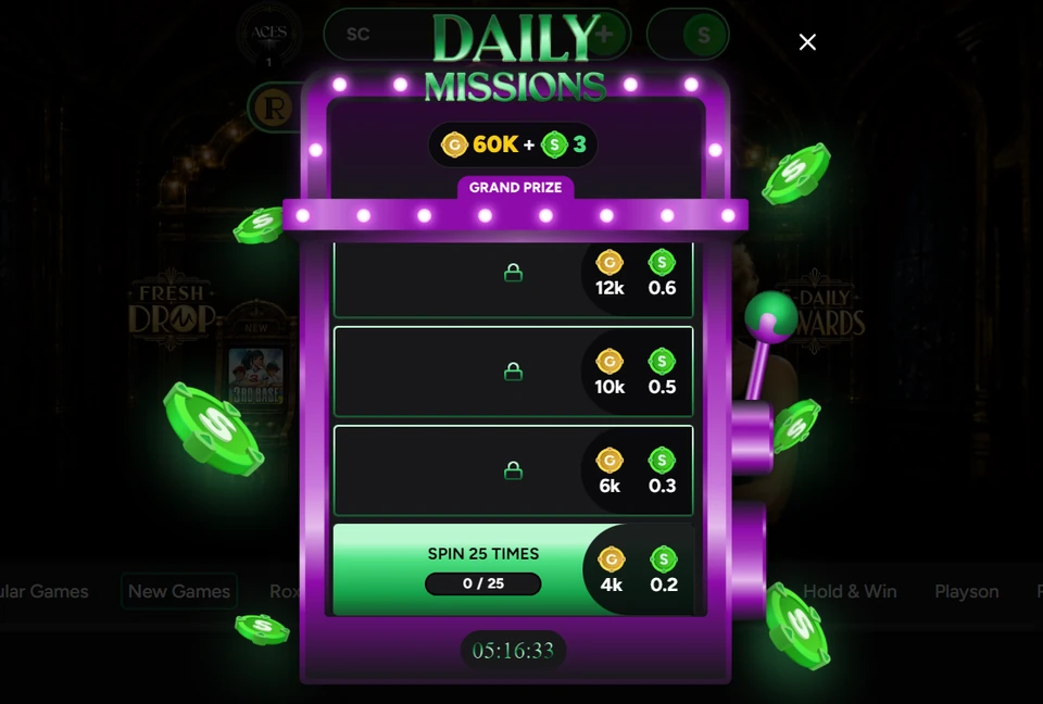 Roxy Moxy daily missions popup with spin targets and coin rewards