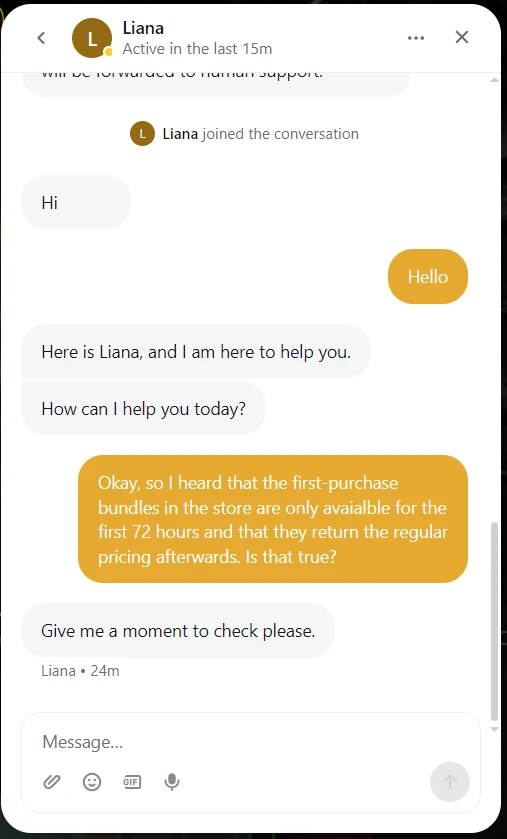 Roxy Moxy support chat asking about the limited-time first-purchase bundles