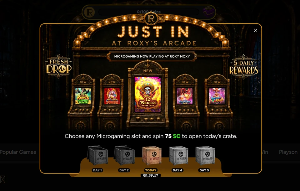 Roxy Moxy Fresh Drop popup requiring 75 SC in spins to open a reward crate