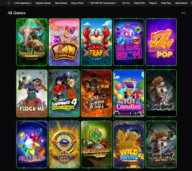 Roxy Moxy games library showing a grid of available casino games