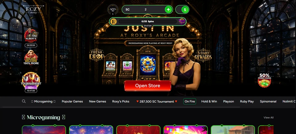 Roxy Moxy homepage showing the casino lobby and featured promotions